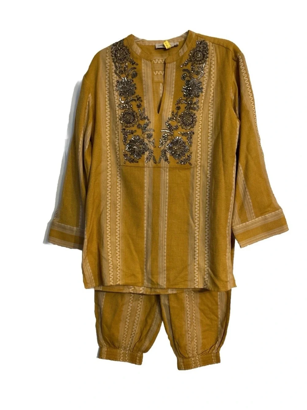 Tory Burch Set Women Sequin Embellished Yellow & Ivory Cotton Tunic 8 & Pants 6